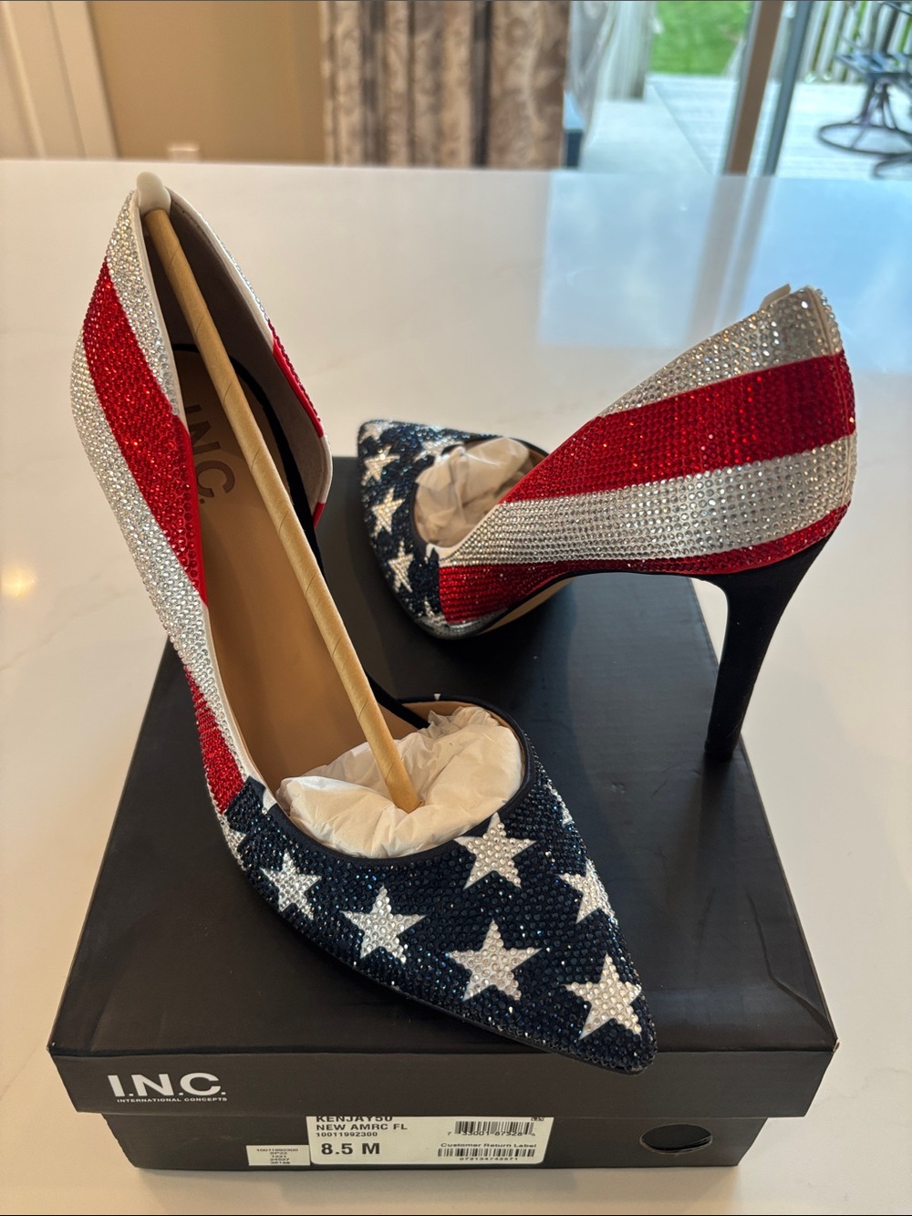 INC International Concepts Red White and Blue Rhinestone Star-Striped Pumps 250 - Picture 2 of 12